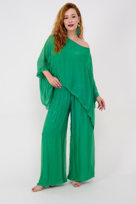 Italian Silk Batwing Sleeve Blouse - Green