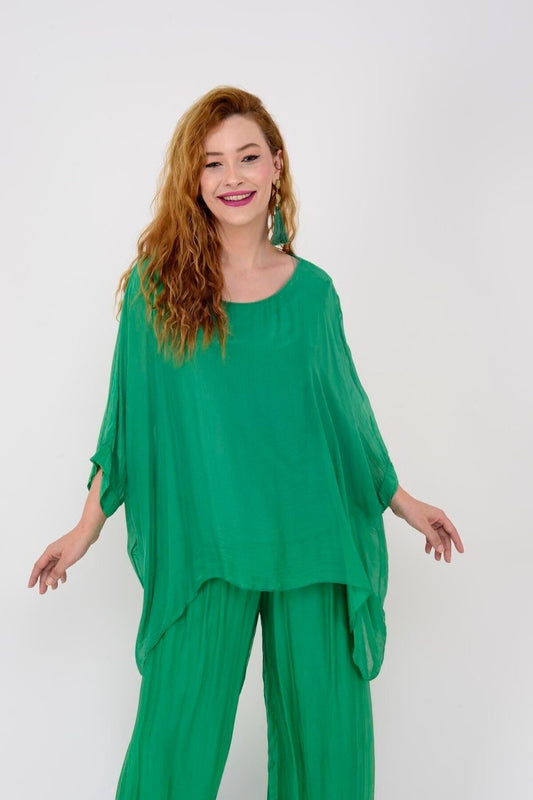 Italian Silk Batwing Sleeve Blouse - Green