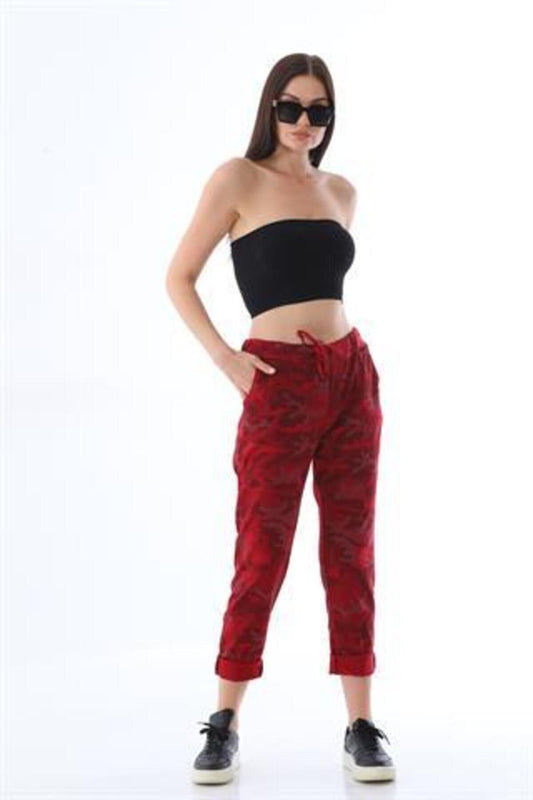 Italian Slim Leg Camouflage Patterned Tie Waist Pants - Red