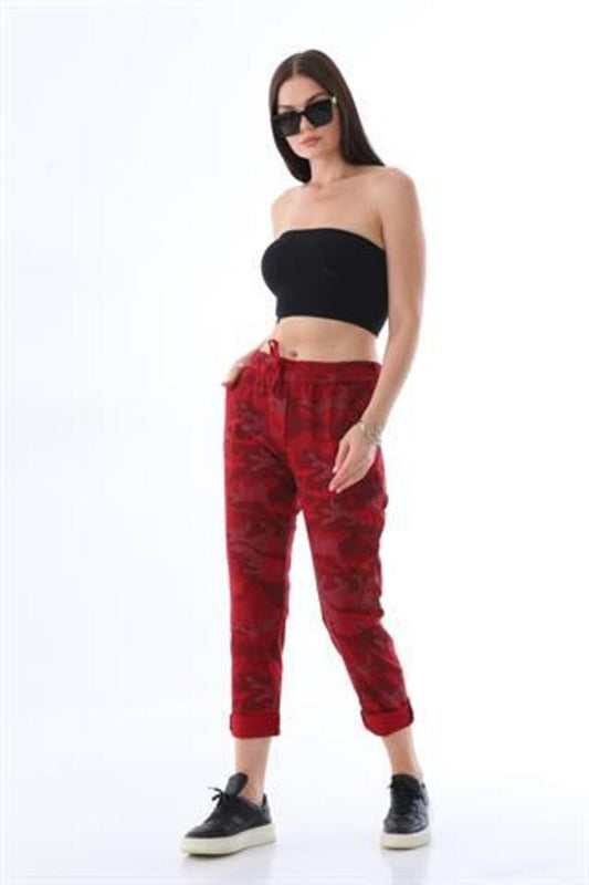 Italian Slim Leg Camouflage Patterned Tie Waist Pants - Red