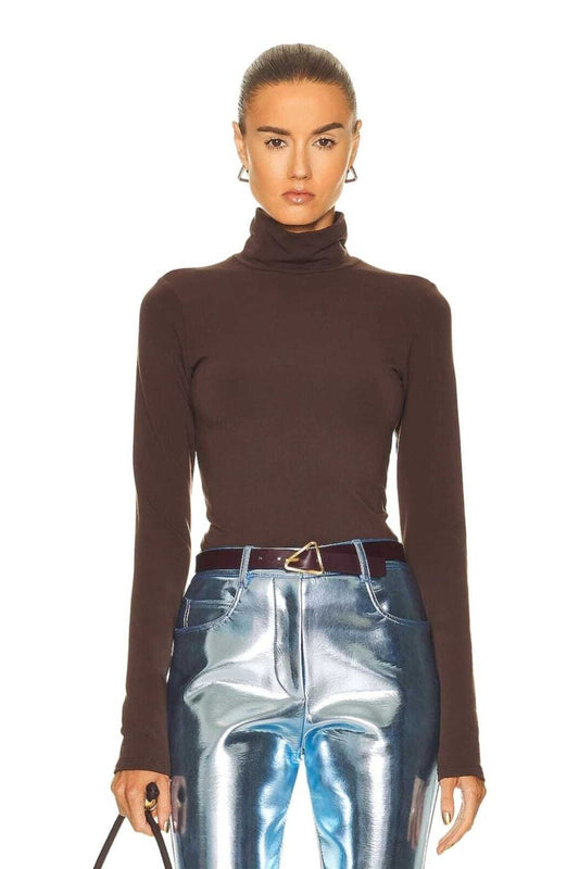 Jersey Turtleneck Blouse - Brown