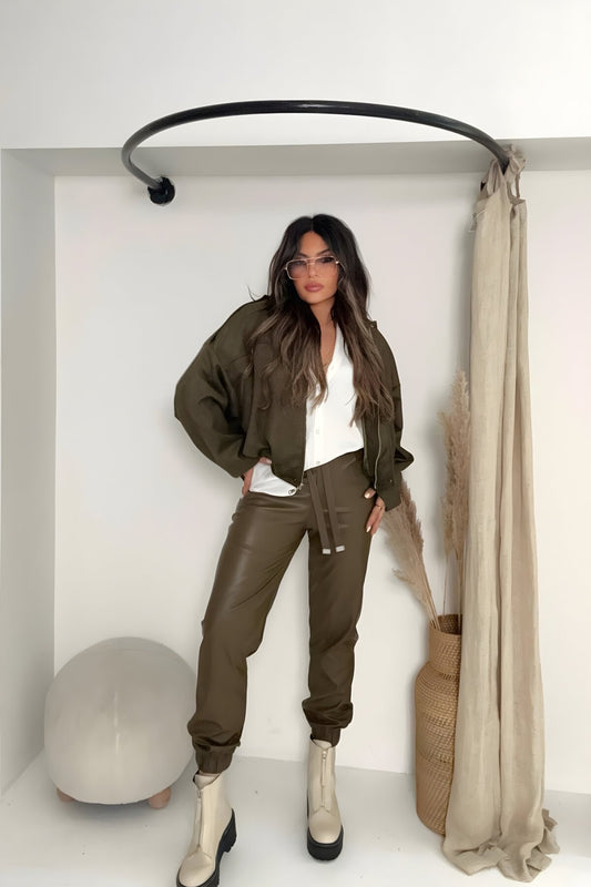 Jogger Leather Elasticated Waist Pants - Khaki