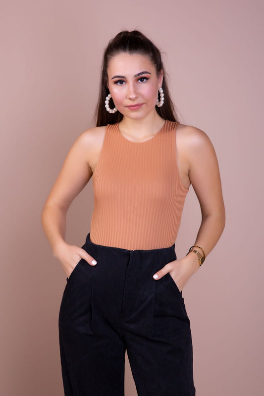 Knitted Snap-Button Bodysuit - Camel