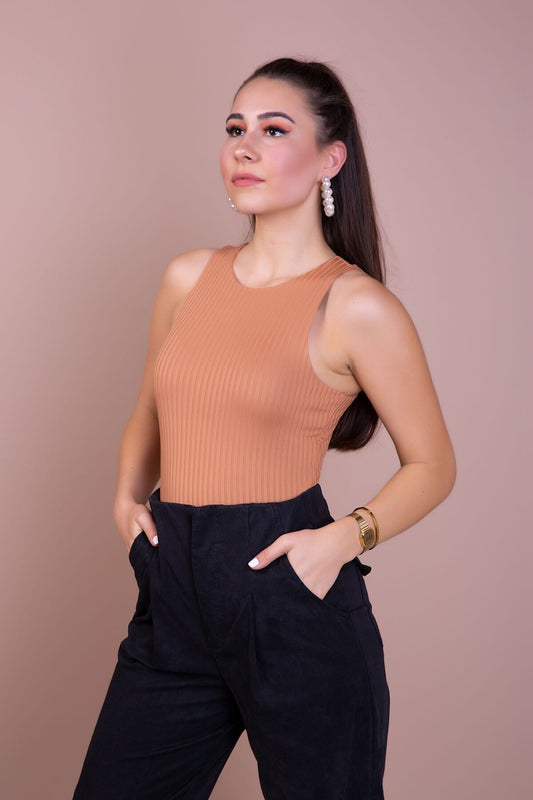 Knitted Snap-Button Bodysuit - Camel