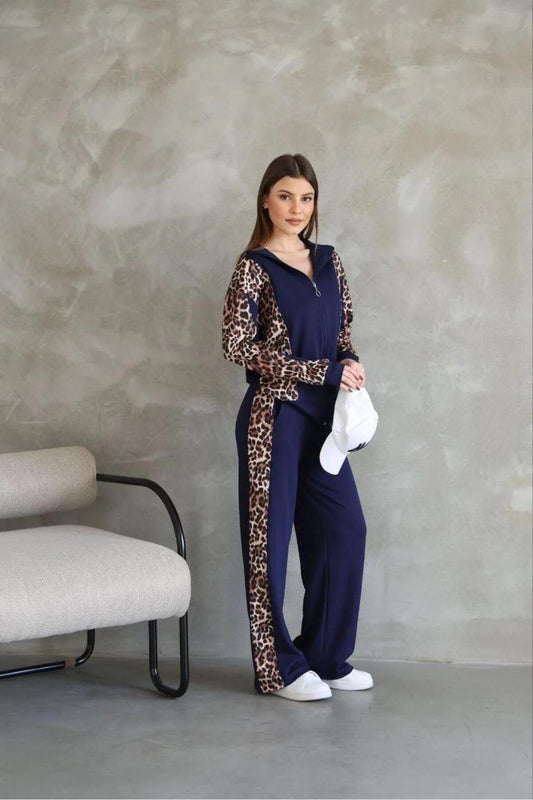 Leopard Pattern Osy Modal Hooded Zip-Up Tracksuit - Navy Blue