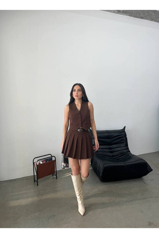 Lined Belted Vest Skirt Two-Piece Set - Brown