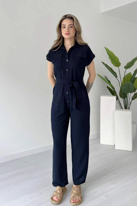 Linen Buttoned Belted Double Pocket Jumpsuit - Navy Blue