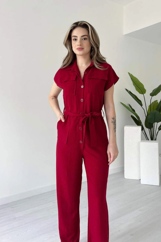 Linen Buttoned Twin Pocket Belted Jumpsuit - Red