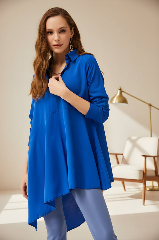 Long Asymmetric Terrycotton Tunic Shirt - Royal Blue