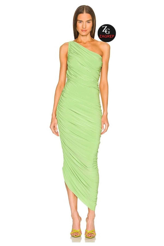 Long Asymmetrical Ruched Draped One-Shoulder Evening Dress - Neon Green