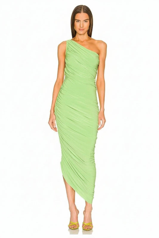 Long Asymmetrical Ruched Draped One-Shoulder Evening Dress - Neon Green