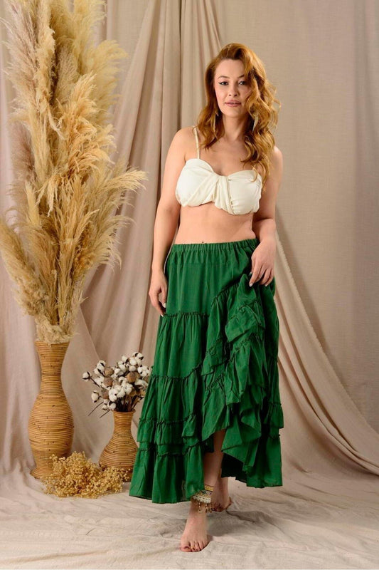 Long Authentic Raw Linen Lined Skirt - Emerald Green