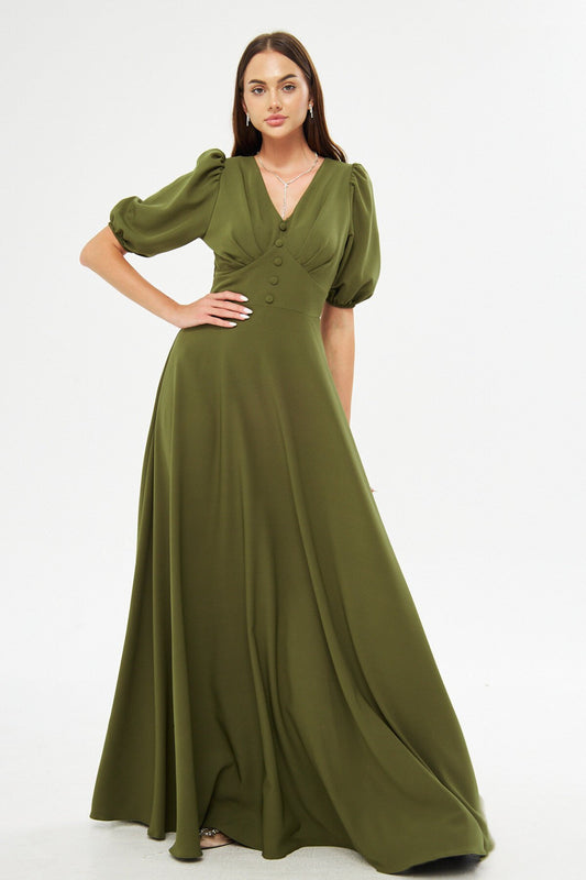 Long Balloon Sleeve V-Neck Corset & Belt Detail Evening Dress - Khaki
