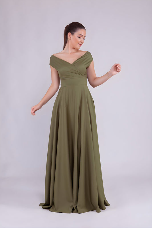Long Boat Neck Evening Dress - Khaki
