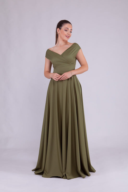 Long Boat Neck Evening Dress - Khaki