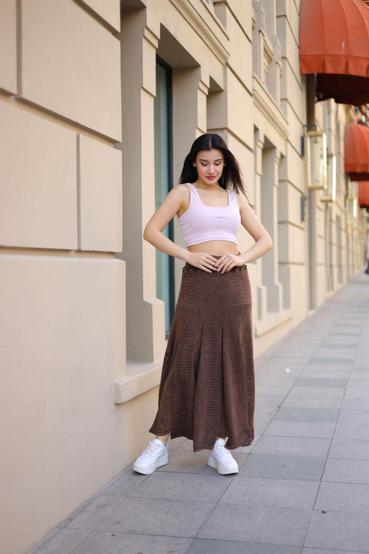 Long Bohemian Cotton Elastic Waist Skirt - Brown