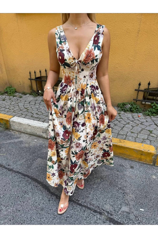 Long Corset-Look Floral Patterned Thick-Strapped Dress - Brown