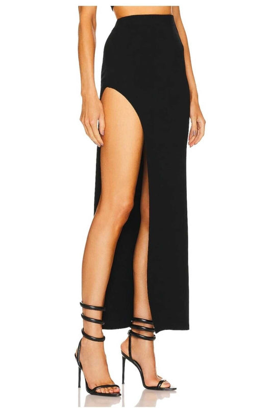 Long Double-Layered U-Slit Skirt - Black