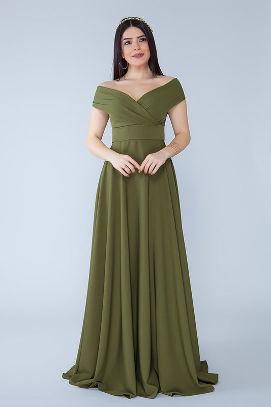 Long Draped Dropped Shoulder Boat Wrap Evening Dress - Khaki