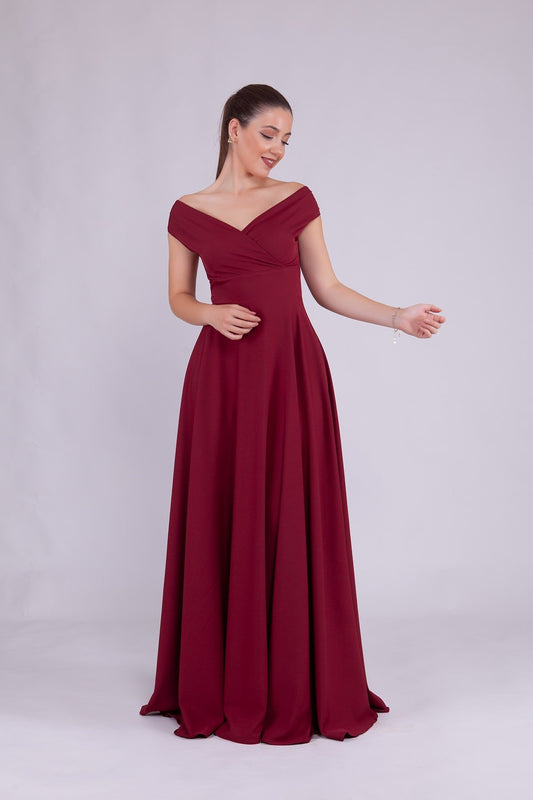 Long Draped Flared Woven Boat Neck Evening Dress - Burgundy