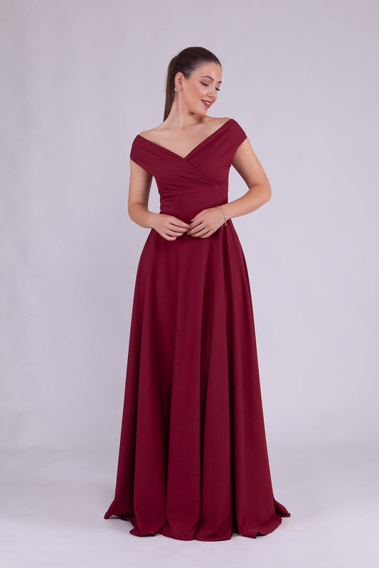 Long Draped Flared Woven Boat Neck Evening Dress - Burgundy