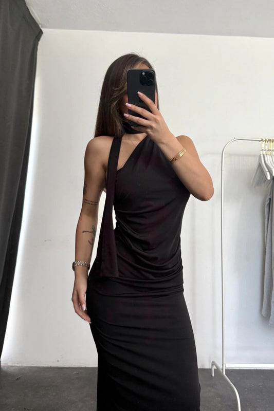 Long Draped Scarf Detail Dress - Black