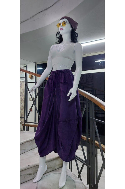 Long Ethnic Indian Stone-Washed Pocketed Harem Skirt - Purple