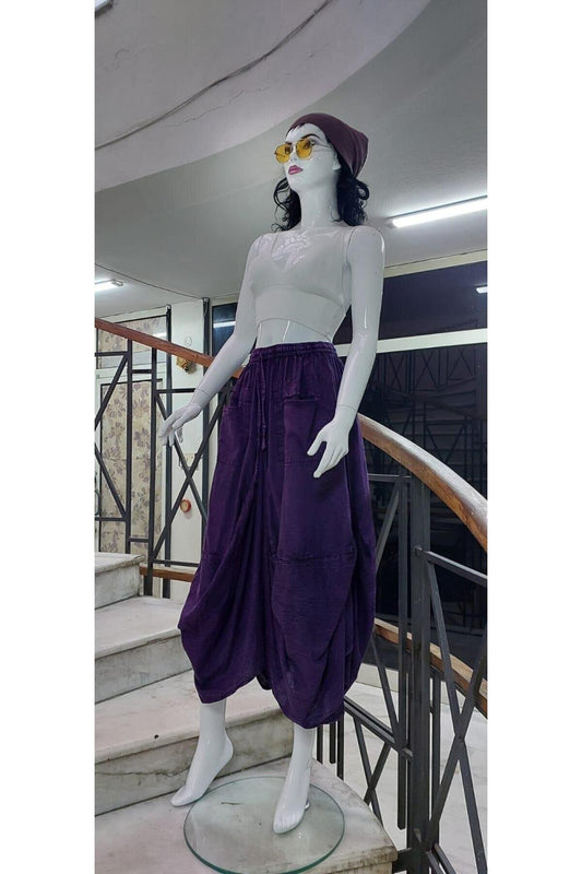 Long Ethnic Indian Stone-Washed Pocketed Harem Skirt - Purple
