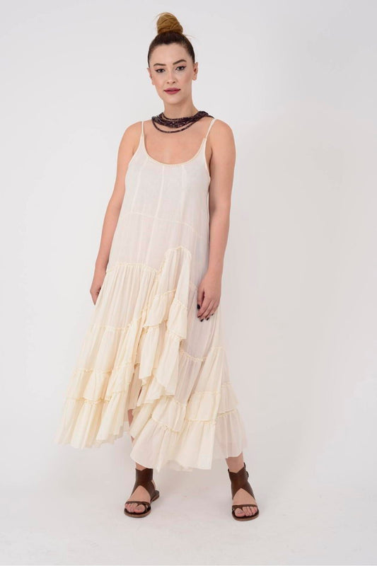 Long Ethnic Raw Linen Inner Lining Dress - Beige