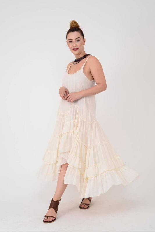 Long Ethnic Raw Linen Inner Lining Dress - Beige