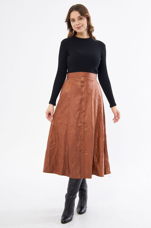 Long Faux Crash Leather Decorative Buttoned Skirt - Brown