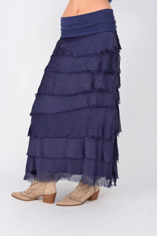 Long Figure-slimming Layered Silk Strapless Italian Skirt - Navy Blue