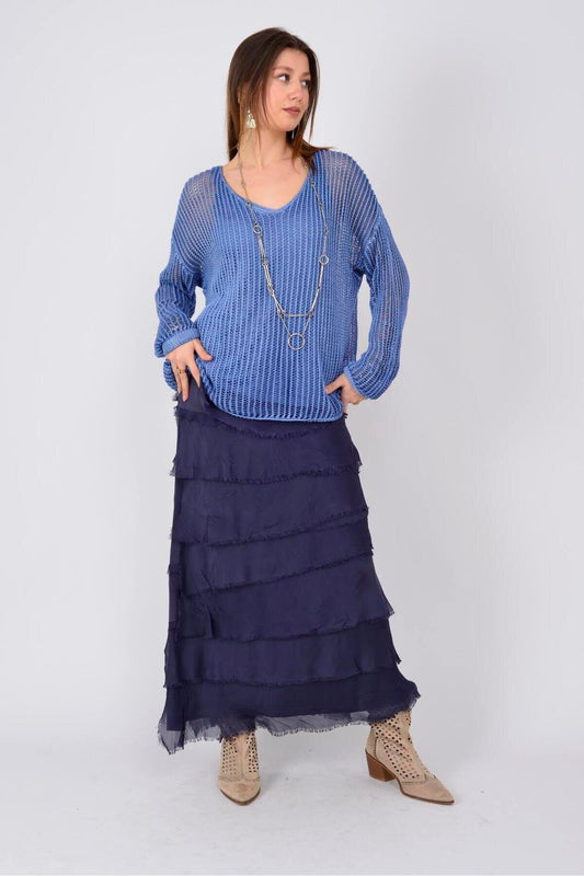 Long Figure-slimming Layered Silk Strapless Italian Skirt - Navy Blue