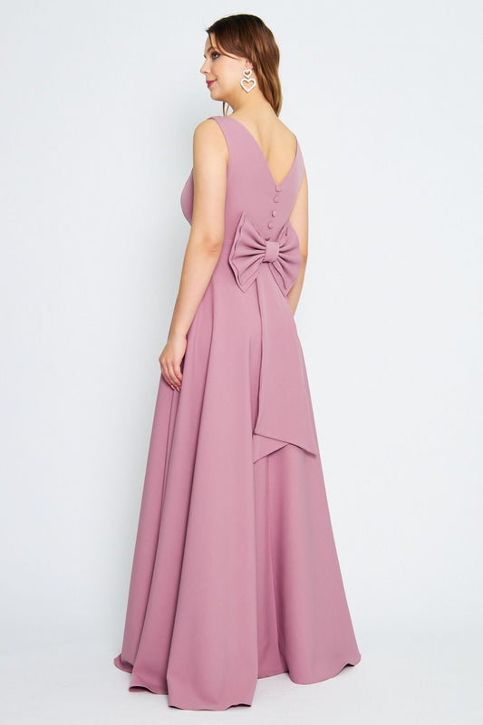 Long Flared Bow-Back Evening Dress - Dusty Rose