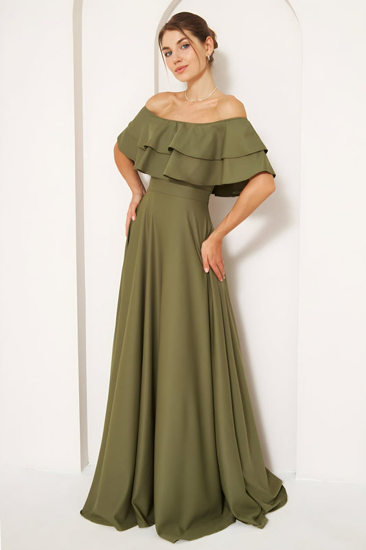 Long Flared Drop Shoulder Ruffle Collar Evening Dress - Khaki