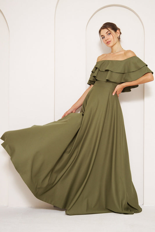 Long Flared Drop Shoulder Ruffle Collar Evening Dress - Khaki