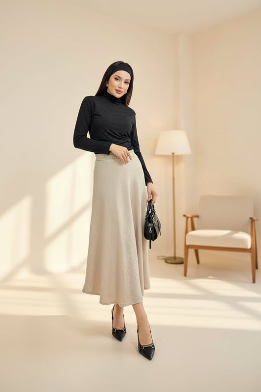 Long Flared Linen Skirt - Beige