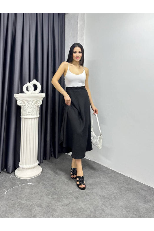 Long Flared Linen Skirt - Black