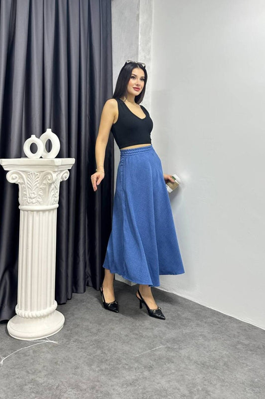 Long Flared Linen Skirt - Blue