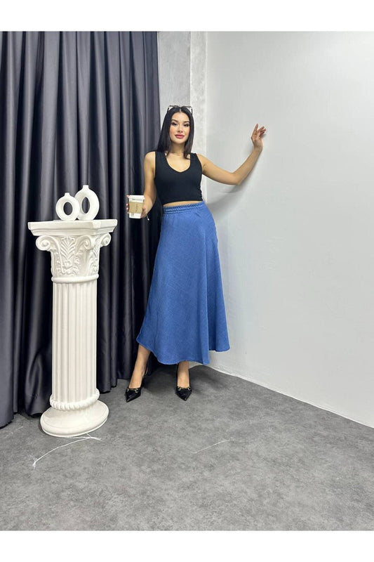 Long Flared Linen Skirt - Blue