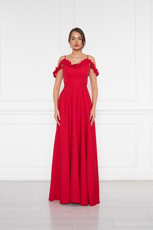 Long Flared Ruffle Detail Evening Dress with Adjustable Straps - Red
