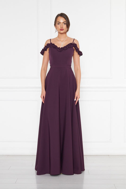 Long Flared Strapless Ruffle-Detail Adjustable-Strap Evening Dress - Plum