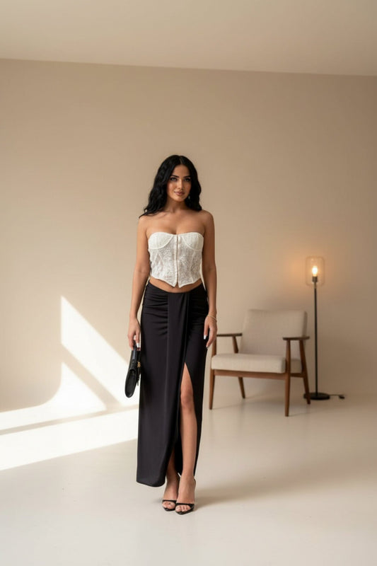 Long Gathered Detail Slit Skirt - Black