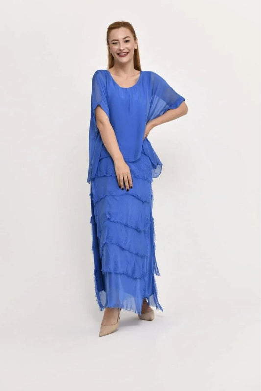 Long Half-Sleeve Slimming Italian Layered Silk Dress - Royal Blue