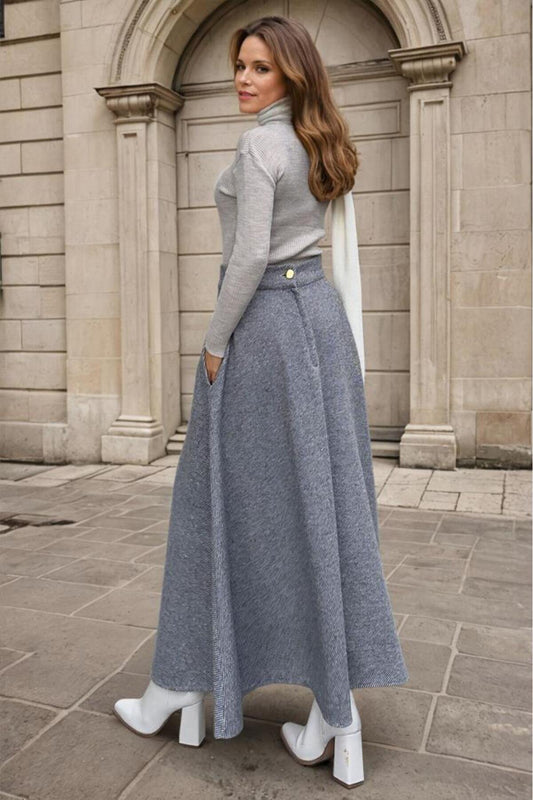 Long High-Waist Flared Flecked Cache Winter Skirt - Anthracite