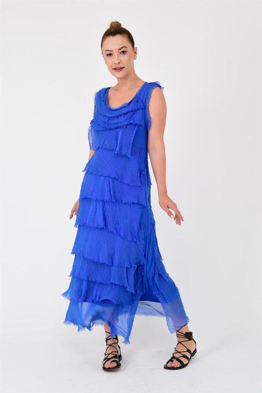 Long Italian Fit Layered Silk Dress - Cobalt Blue