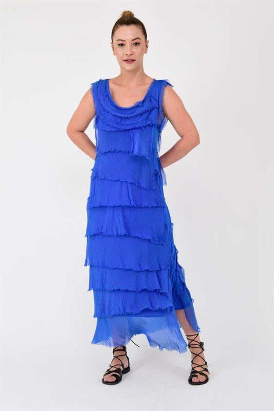 Long Italian Fit Layered Silk Dress - Cobalt Blue