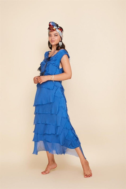 Long Italian Fit Layered Silk Slimming Dress - Cobalt Blue