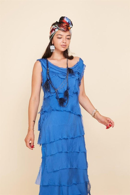 Long Italian Fit Layered Silk Slimming Dress - Cobalt Blue