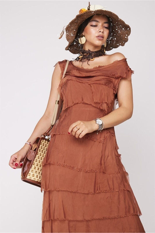 Long Italian Fit Slimming Layered Silk Dress - Cinnamon